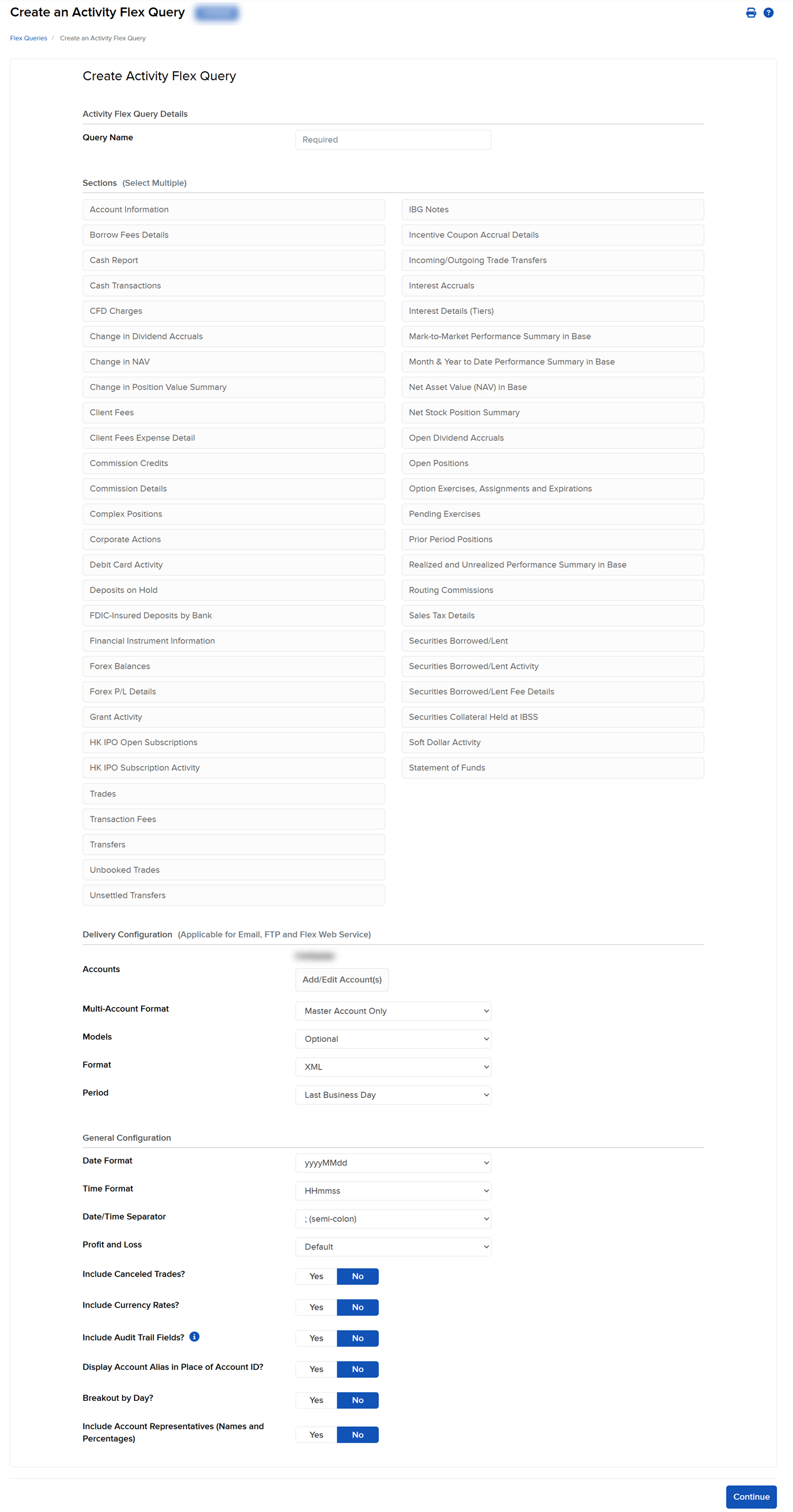 The create an activity flex query panel in portal. 